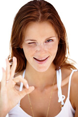 Happy young lady giving ok sign. Portrait of happy young lady giving ok sign and winking.