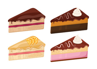 Kawałek ciasta. Zestaw czterech różnych słodkich deserów z owocami, czekoladą, polewą i bitą śmietaną. Ilustracja wektorowa dla kawiarni, piekarni lub na kartkę urodzinową.
