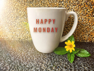 Happy monday text on coffee mug with yellow flower and brown marble background. Morning concept.