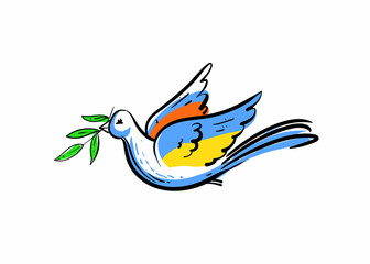 Hand drawn sketch black and color bird, dove of peace. Vector illustration. Elements in graphic style. Engraved style illustration.
