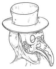 Drawing of man wearing traditional Plague Doctor costume, Vector illustration