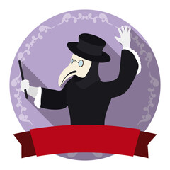 Traditional Plague Doctor character over decorated round button and ribbon, Vector illustration