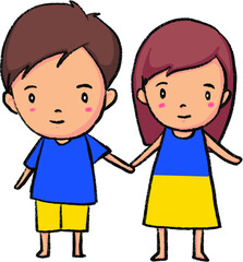 Boy and girl hand in hand sign for stand by Ukraine drawing illustration cartoon.
