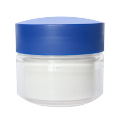 Cosmetic white base cream for women, men and children. The glass is clear and the cap is blue, the object is isolated.modré, object isolated.