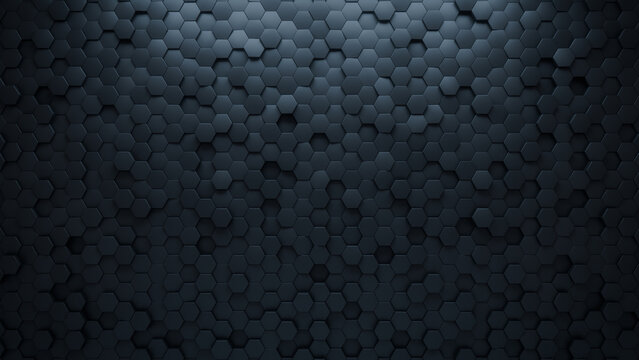 Polished, Hexagonal Mosaic Tiles arranged in the shape of a wall. Black, Semigloss, Bricks stacked to create a 3D block background. 3D Render