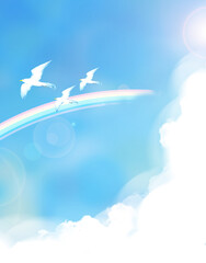 青空を飛ぶ鳥と虹のイラスト