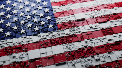 American Flag rendered as Futuristic 3D blocks. USA Network Concept. Tech Wallpaper.