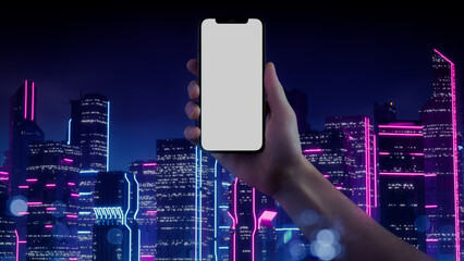 Sci-fi Cell Phone Template, with Blue and Pink neon Cityscape Background.