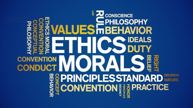 Ethics Morals animated tag word cloud;values text design animation kinetic typography seamless loop.