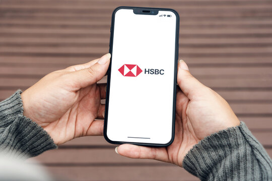 Girl in the park holding a smartphone with HSBC Bank app on the screen. Wooden bridge. Rio de Janeiro, RJ, Brazil. February 2022