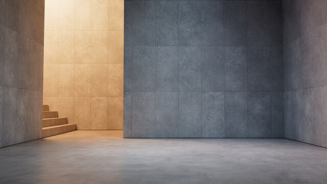Modern Minimalist Interior with Tiled Concrete Walls and Bare Concrete Floor. Unfurnished Room, Architectural 3D Render.