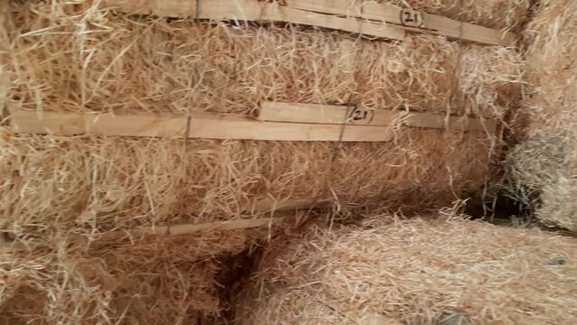 panning video of wood wool grass stock in cooler wood wool pad manufacturer's godown in India for the stock is for the summer season