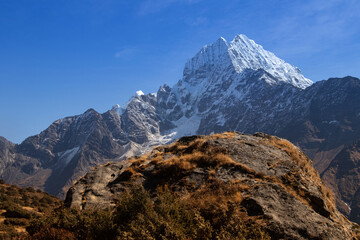landscape in the Himalayas Everest Base Camp Trek and view of Mount Thamserku