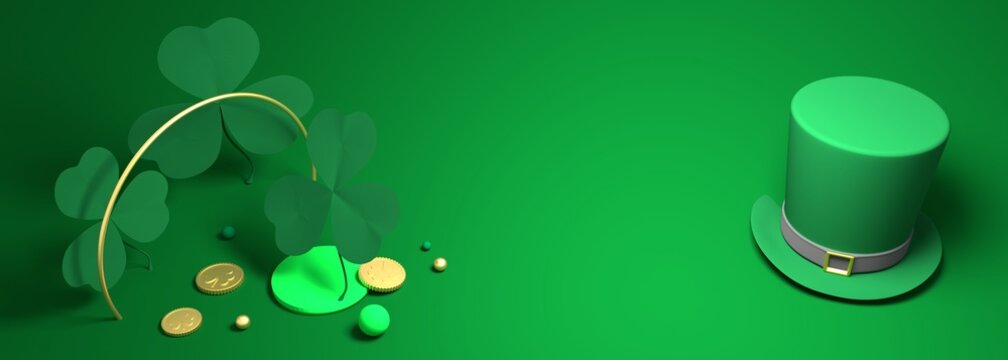 St. Patricks Day greeting card template. Shamrock leafs, golden coins and green leprechaun top hat. 3D render