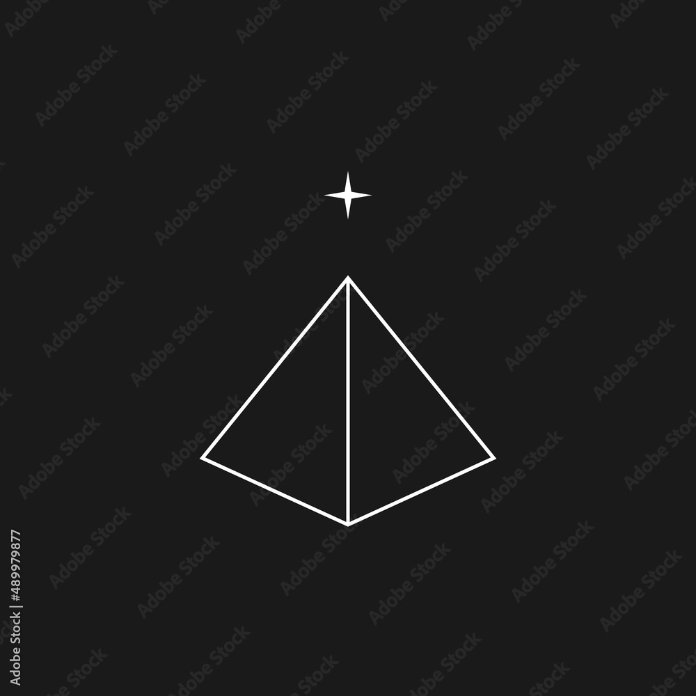 Poster retrowave aesthetics linear pyramid with a star on top of it. synthwave black and white pyramid 1980