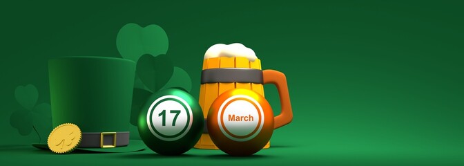 St. Patricks Day greeting card template. Shamrock leafs, green leprechaun top hat, golden coin, tankard with beer and billiard balls with 17 March text. 3D render