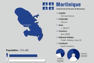 Martinique infographic vector illustration complemented with accurate statistical data. Martinique country information map board and Martinique flat flag