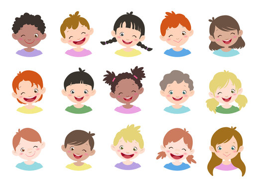 Vector illustration set for different avatars of boys and girls in a world  on a white background. Different skin tones, hair colors and styles. 