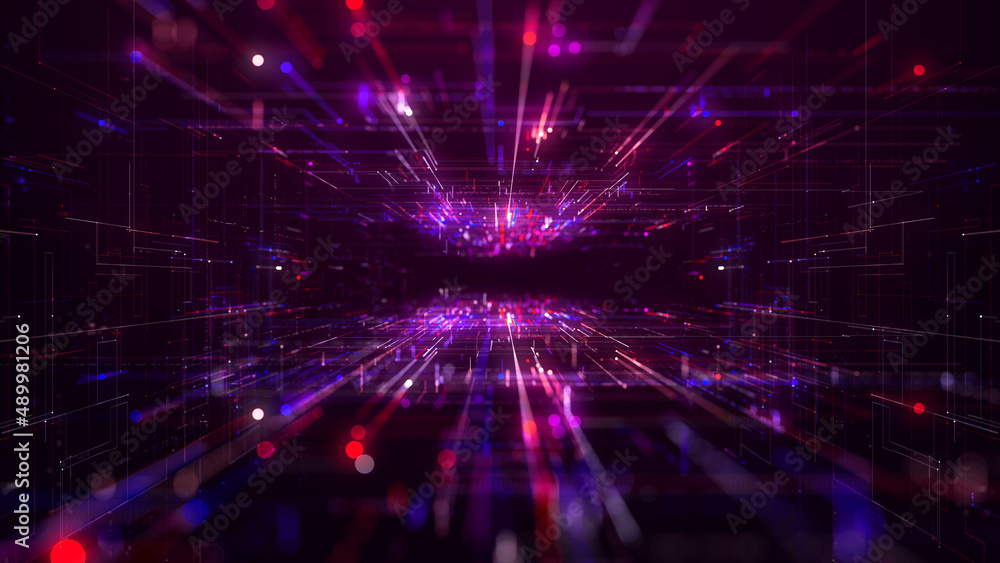Poster tunnel of digital cyberspace with line neon light, network connections, technology digital abstract 