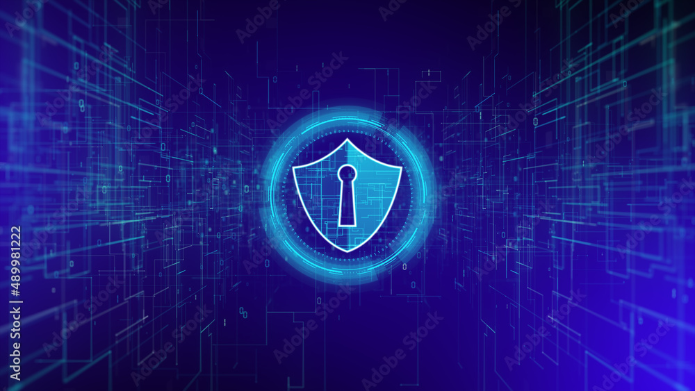 Poster shield icon cyber security, digital big data network protection, future blockchain technology networ