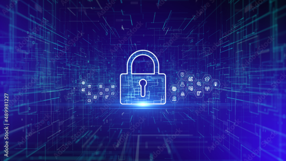 Poster padlock icon cyber security, digital big data network protection, future blockchain technology netwo