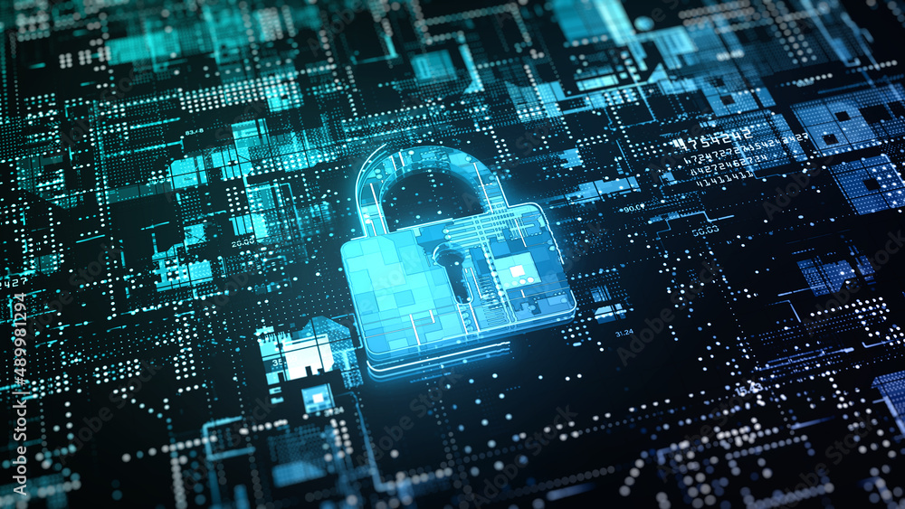 Aufkleber Padlock Icon Cyber Security of Digital Data Network Protection, Secure Technology Blockchain Data Network Connectivity Background, And Secure Information for Privacy 3d rendering
