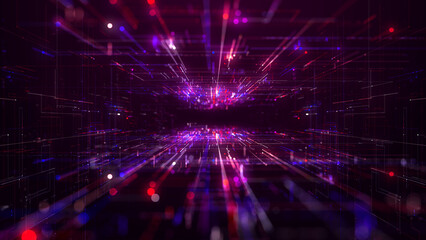 Fototapeta na wymiar Tunnel of Digital Cyberspace with Line Neon Light, Network Connections, Technology Digital Abstract Background 3d rendering