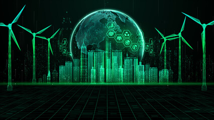 Hologram wind turbine green energy concept, Renewable energy production for green ecological world, Wind farm technology abstract background 3d rendering