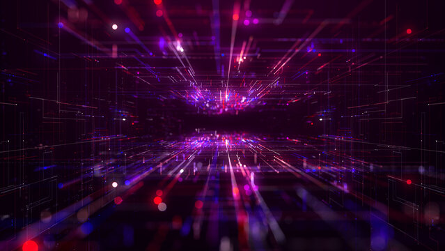 Tunnel of Digital Cyberspace with Line Neon Light, Network Connections, Technology Digital Abstract Background 3d rendering