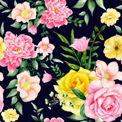 Fototapeta na wymiar beautiful blooming flower watercolor seamless pattern