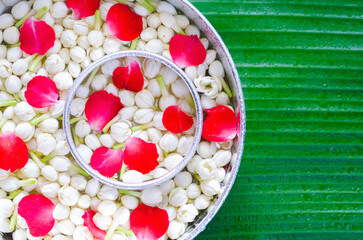 Songkran festival background with jasmine flowers in water bowls for blessing on wet banana leaf background.