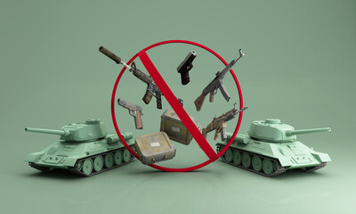 Signs prohibiting the use of weapons, automatic firearms and various types of weapons of war. on green background 3d render