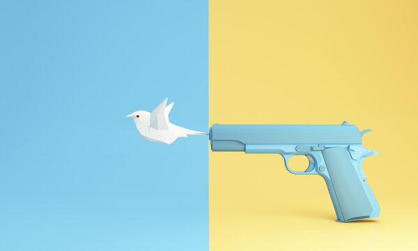 blue pistol gun shooting origami white bird paper dove on yellow pastel background. No war. Creative minimalistic layout. Flat lay. isolate no war in ukrain 3d rendering