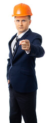 Portrait of a man in a blue business suit with a tie and helmet points his finger in different directions: up, down, sideways, to the camera. place for an inscription. isolated. White background.