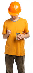 a guy in old clothes, a man in an orange T-shirt, a hat on top of his head. a man in a construction...
