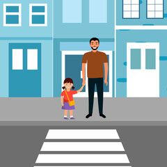 Man with kid waiting for crossing the road at crosswalk vector illustration. Road, city street, dad and daughter and traffic light in flat design.