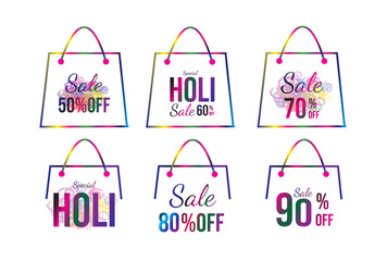 Holi festival background with Sales promotional offer, shopping bag and typography of special Holi sale text. website banners, flyers, invitation and posters