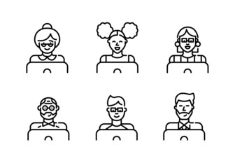 Male and female people of different ages working or learning at laptops. Pixel perfect, editable stroke icons
