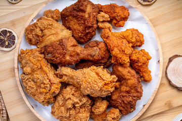 Fried chicken in woode plate on wooden background, Fried chicken on wooden background.
