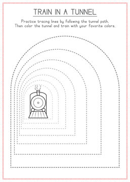 Children Learning Worksheet - Tracing Lines and Coloring Train in the Tunnel