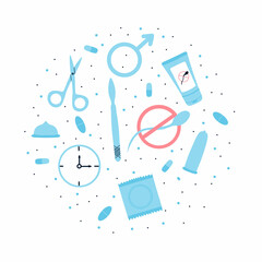  Types of contraception. Male contraceptives. Condom and lubricant. Vector illustration in a flat style. Poster with contraception. World Contraception Day.