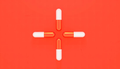 3d rendering of  Vivid colorful capsule pile cross close-up background Vitamins, dietary supplements, drugs, Pharmacy, medicine and health concept. capsule pharmacy bottle pill drug concept.