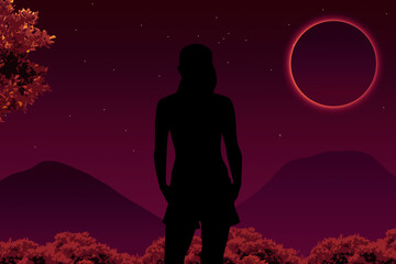 silhouette of a person in the moonlight, alone in the mountains