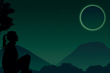 silhouette of a girl and a moon, 
alone in the mountains