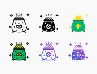 Gold pot icon set with different styles. Style line, outline, flat, glyph, color, gradient. Editable stroke and pixel perfect. Can be used for digital product, presentation, print design and more.