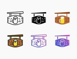 Pub beer icon set with different styles. Style line, outline, flat, glyph, color, gradient. Editable stroke and pixel perfect. Can be used for digital product, presentation, print design and more.
