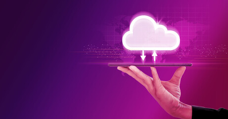 Business woman holding icon cloud computing network and icon connection data information in hand....