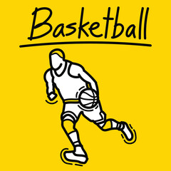 Fototapeta na wymiar Hand drawn doodle basketball player athlete dribbling ball design vector. League sport banner poster template.