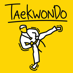 Hand drawn doodle taekwondo fighter athlete kicking design vector. League sport banner poster template.
