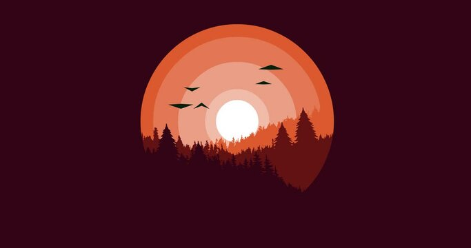 unique animation of pine mountains with red sun rays in circles